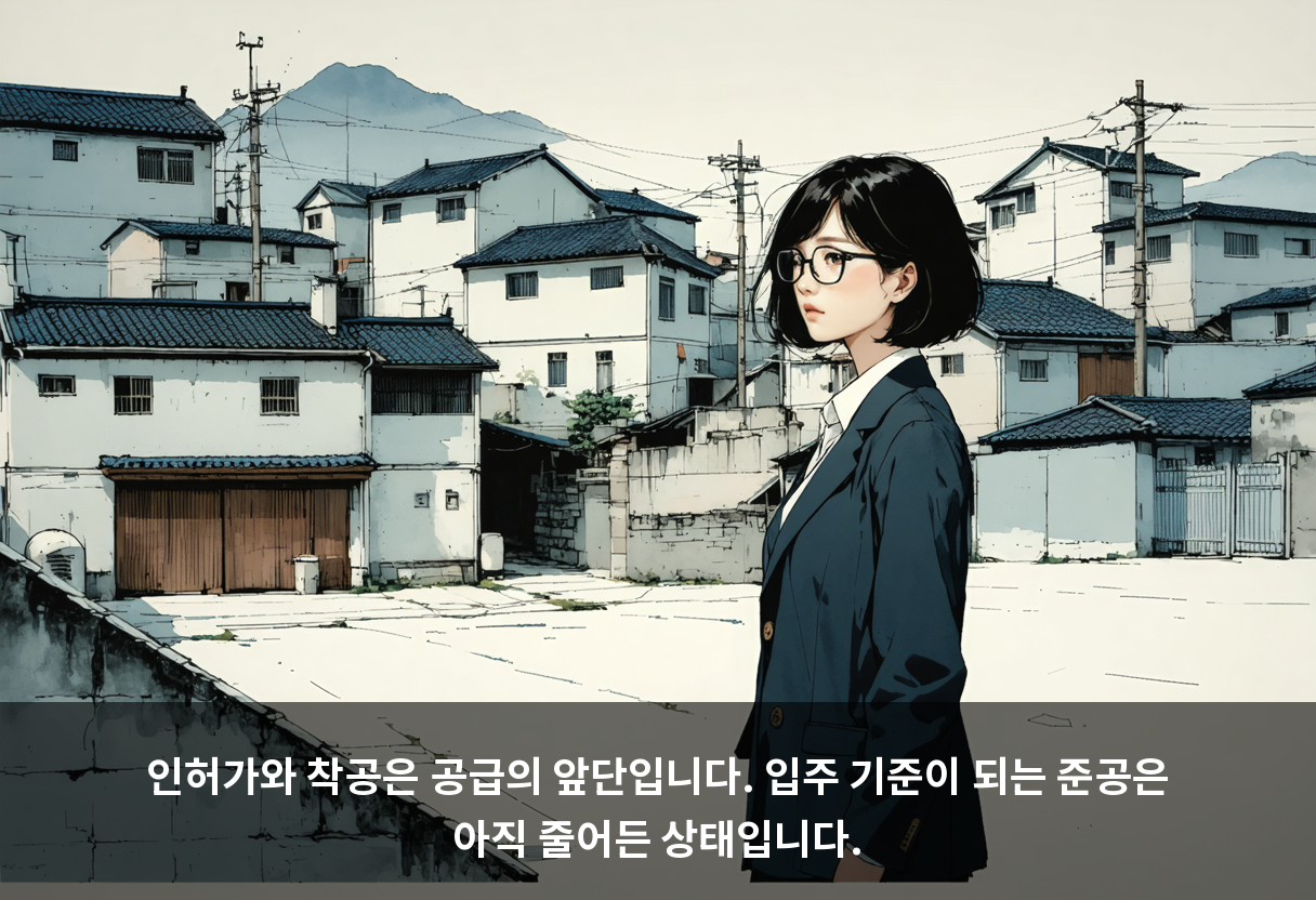 인허가와 착공은 공급의 앞단입니다. 입주 기준이 되는 준공은 아직 줄어든 상태입니다.
