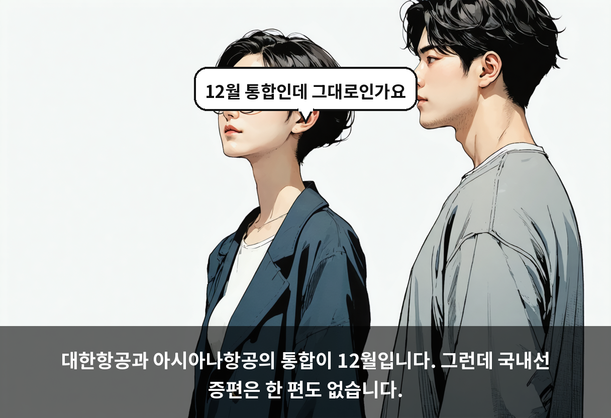 대한항공과 아시아나항공의 통합이 12월입니다. 그런데 국내선 증편은 한 편도 없습니다.