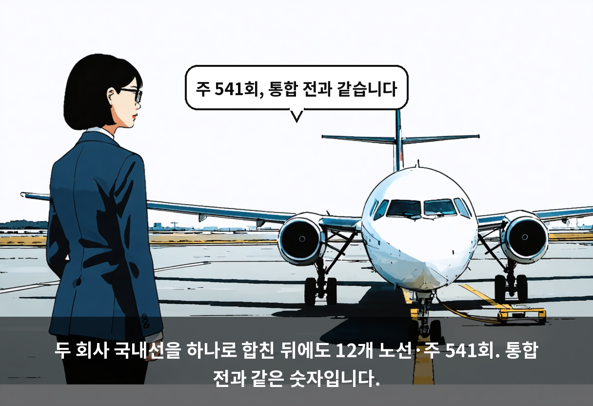두 회사 국내선을 하나로 합친 뒤에도 12개 노선·주 541회. 통합 전과 같은 숫자입니다.