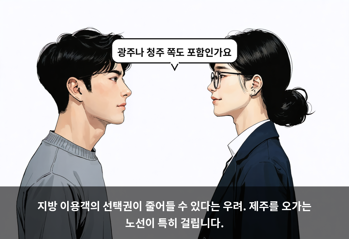 지방 이용객의 선택권이 줄어들 수 있다는 우려. 제주를 오가는 노선이 특히 걸립니다.