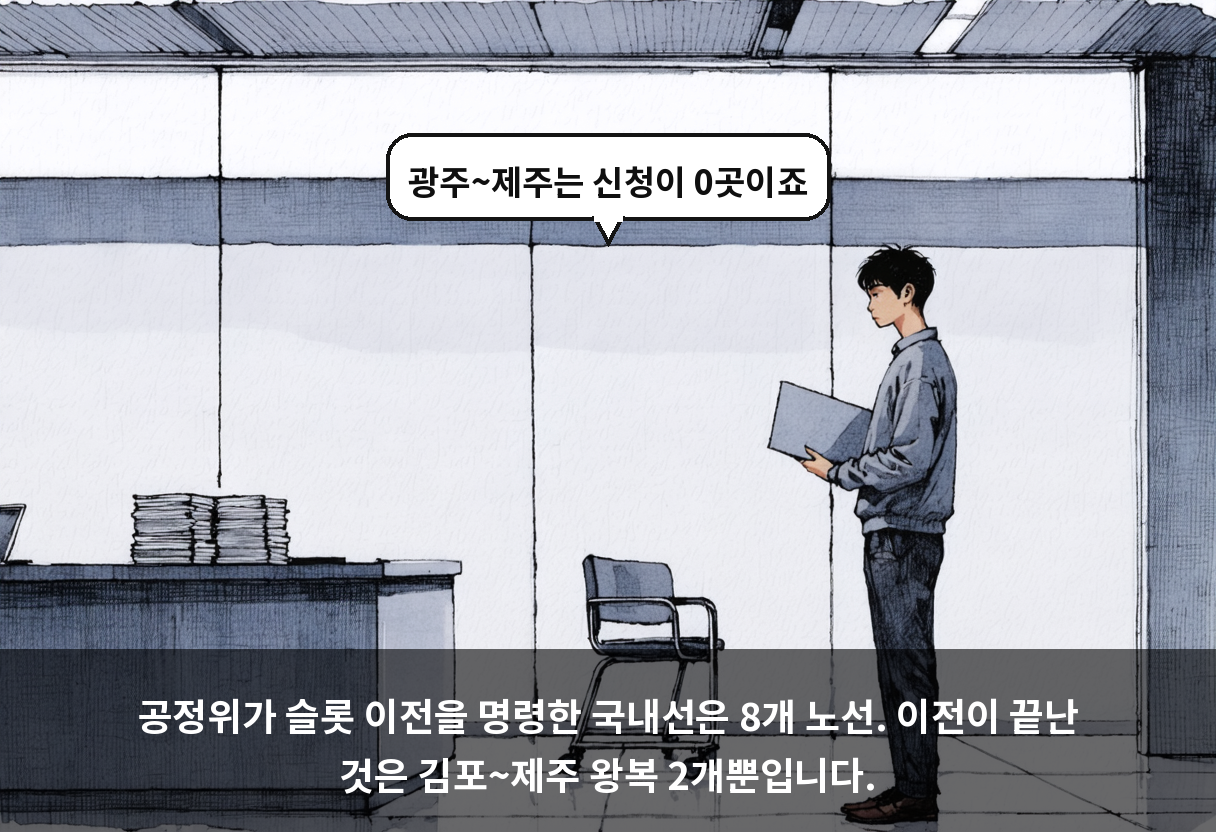 공정위가 슬롯 이전을 명령한 국내선은 8개 노선. 이전이 끝난 것은 김포~제주 왕복 2개뿐입니다.