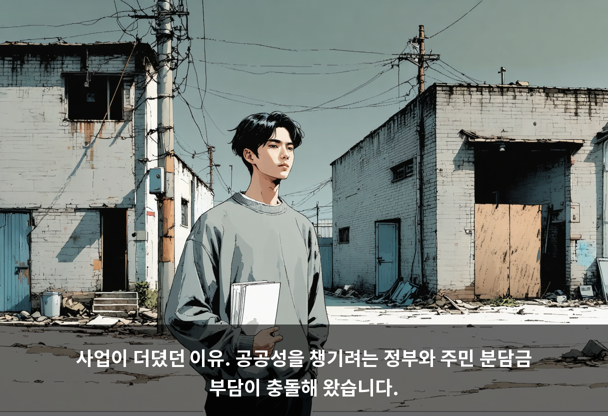 사업이 더뎠던 이유. 공공성을 챙기려는 정부와 주민 분담금 부담이 충돌해 왔습니다.