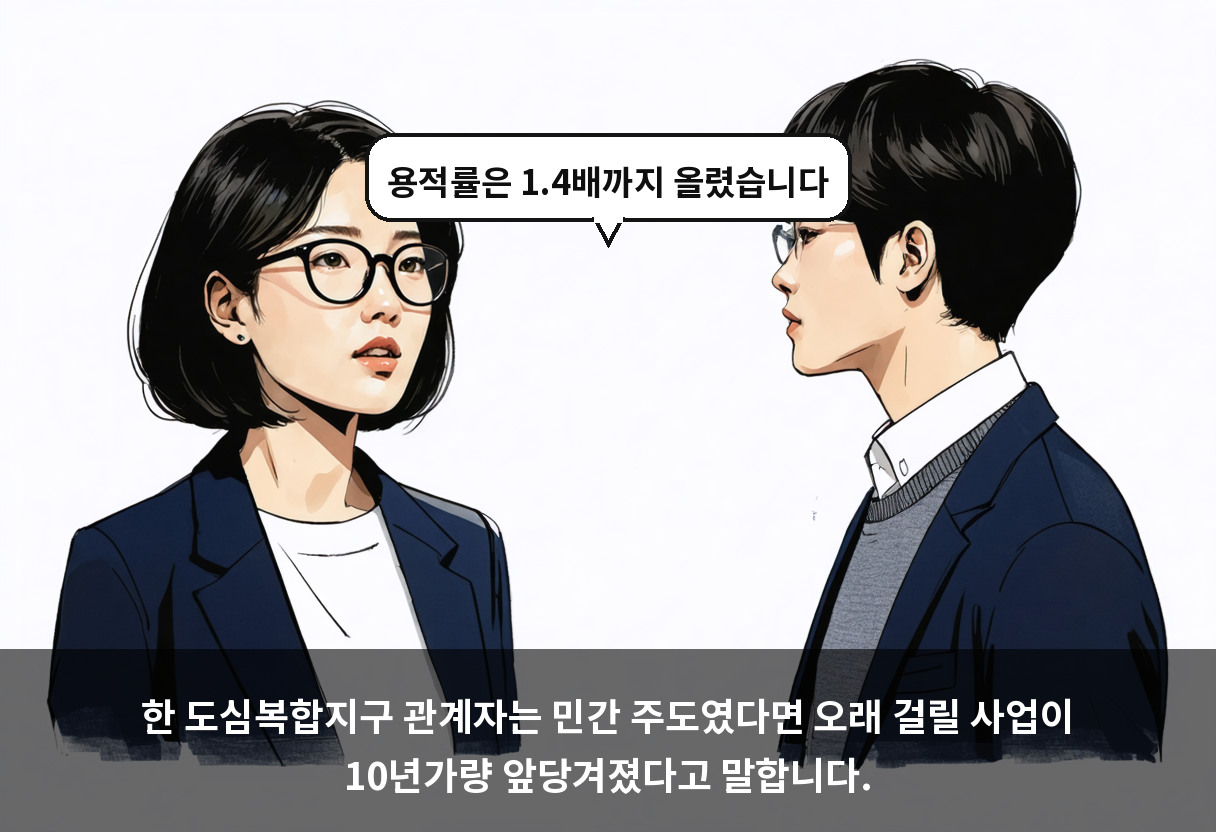 한 도심복합지구 관계자는 민간 주도였다면 오래 걸릴 사업이 10년가량 앞당겨졌다고 말합니다.