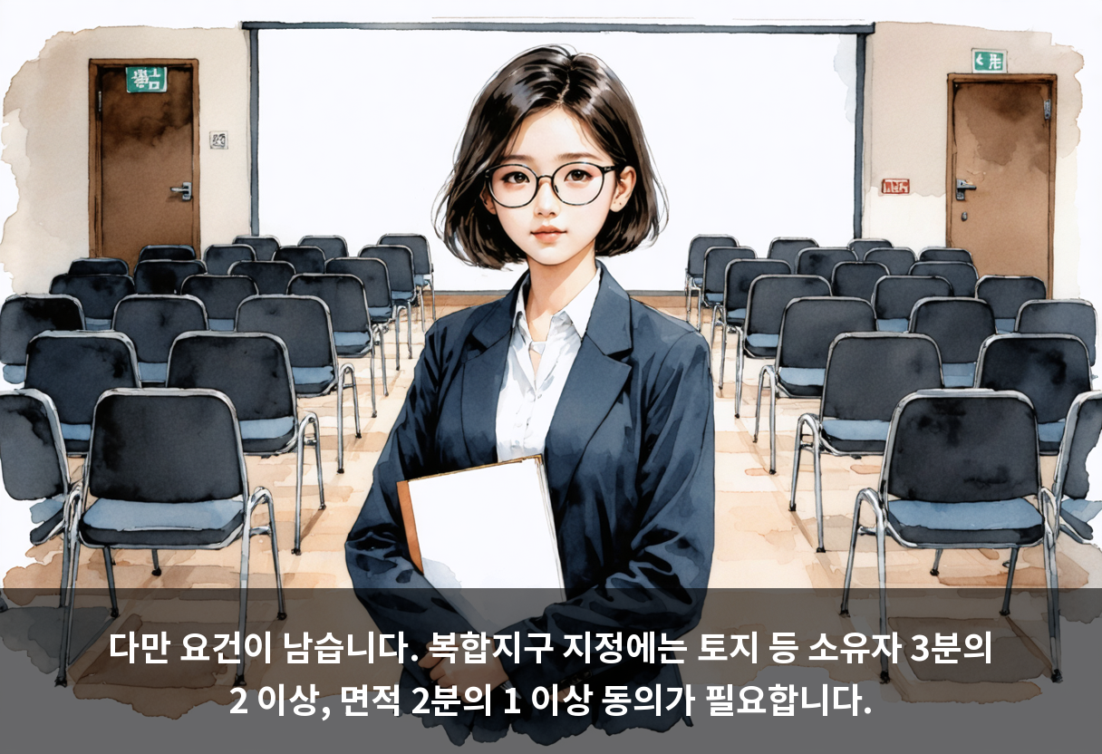 다만 요건이 남습니다. 복합지구 지정에는 토지 등 소유자 3분의 2 이상, 면적 2분의 1 이상 동의가 필요합니다.