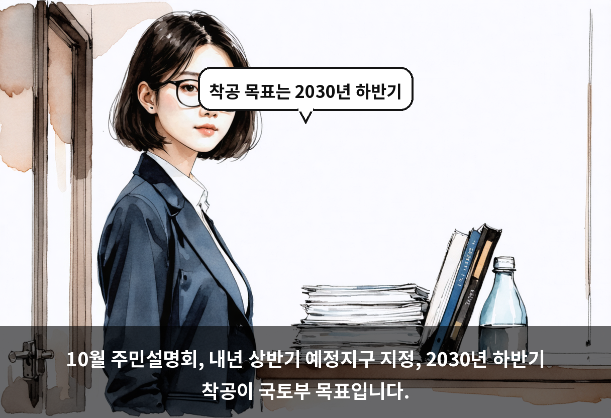 10월 주민설명회, 내년 상반기 예정지구 지정, 2030년 하반기 착공이 국토부 목표입니다.