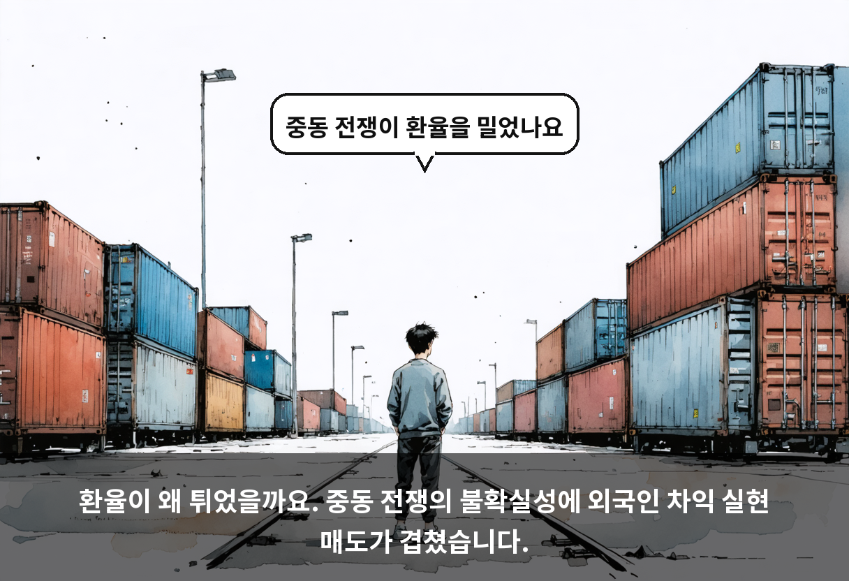 환율이 왜 튀었을까요. 중동 전쟁의 불확실성에 외국인 차익 실현 매도가 겹쳤습니다.