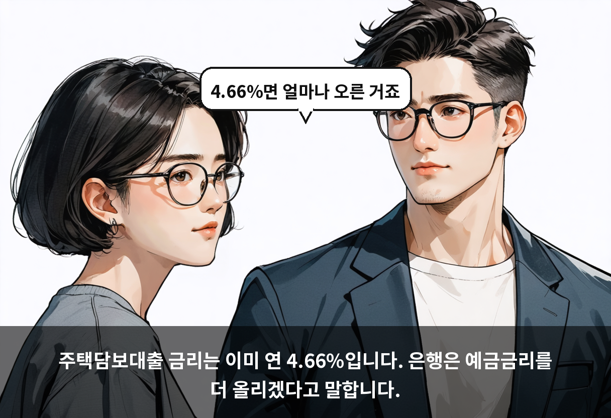 주택담보대출 금리는 이미 연 4.66%입니다. 은행은 예금금리를 더 올리겠다고 말합니다.