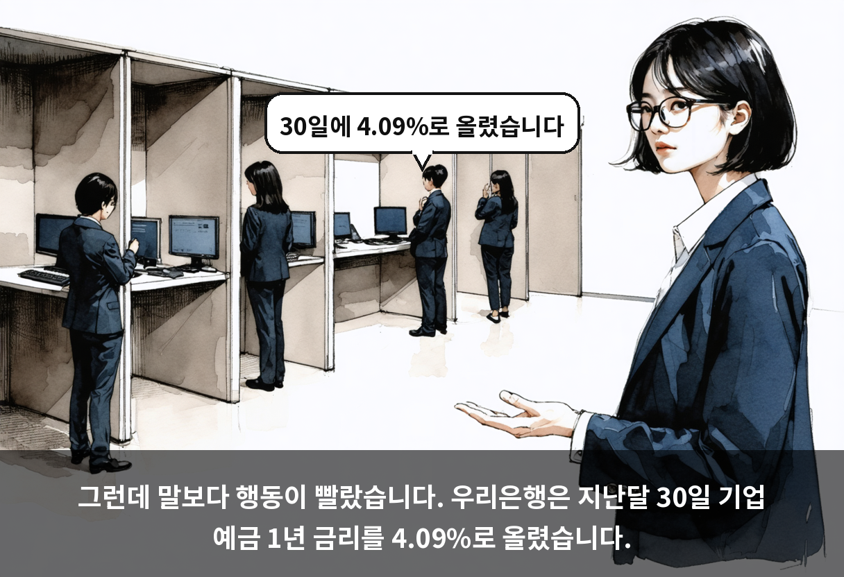 그런데 말보다 행동이 빨랐습니다. 우리은행은 지난달 30일 기업 예금 1년 금리를 4.09%로 올렸습니다.