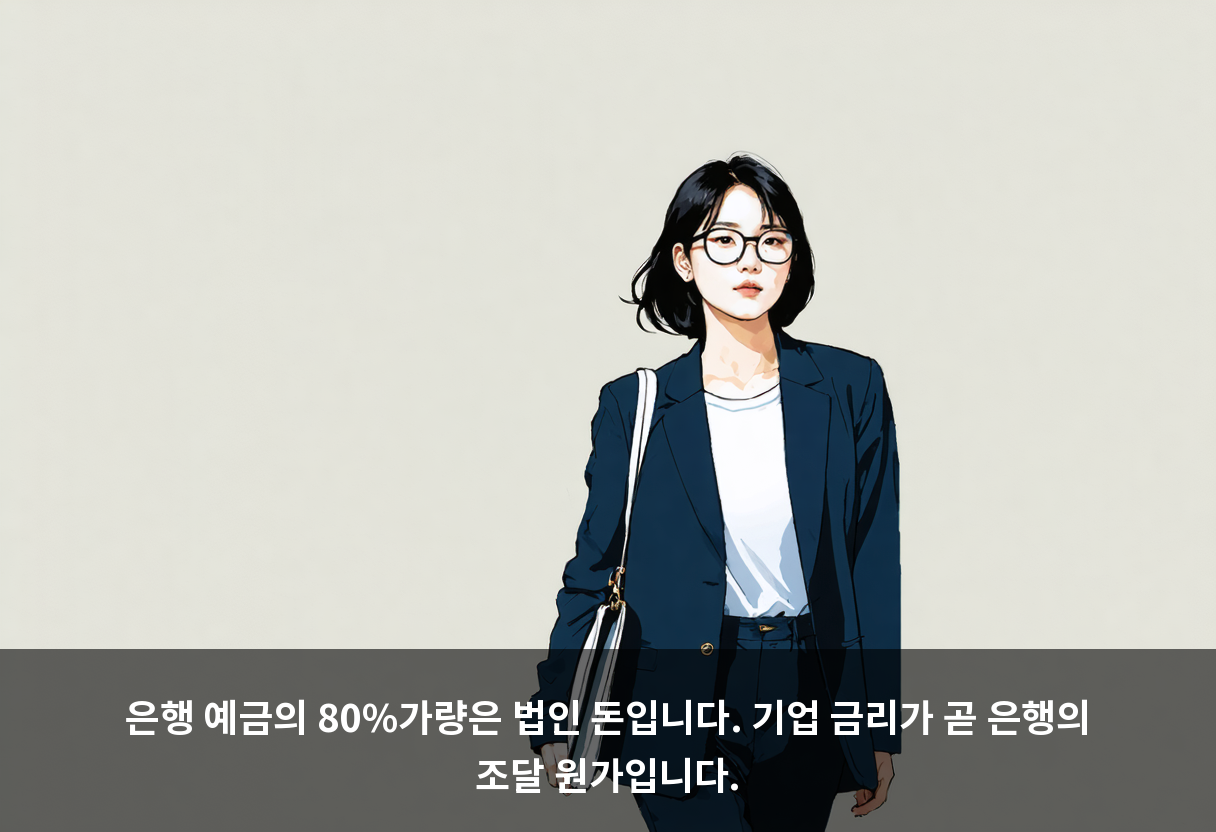 은행 예금의 80%가량은 법인 돈입니다. 기업 금리가 곧 은행의 조달 원가입니다.