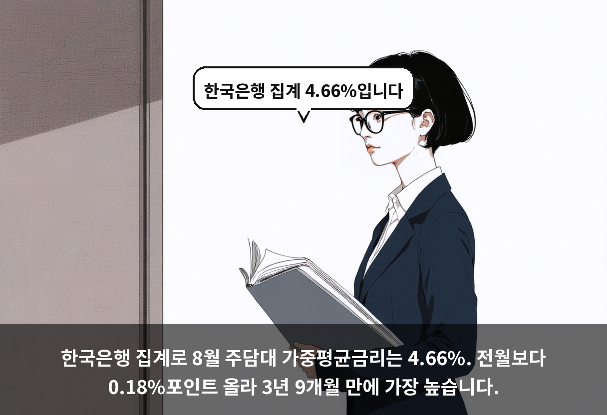 한국은행 집계로 8월 주담대 가중평균금리는 4.66%. 전월보다 0.18%포인트 올라 3년 9개월 만에 가장 높습니다.