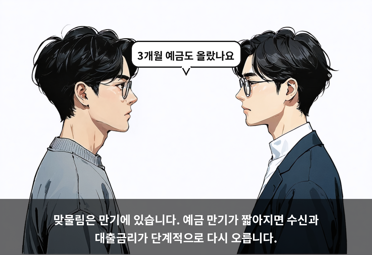 맞물림은 만기에 있습니다. 예금 만기가 짧아지면 수신과 대출금리가 단계적으로 다시 오릅니다.