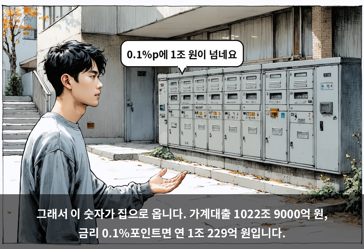 그래서 이 숫자가 집으로 옵니다. 가계대출 1022조 9000억 원, 금리 0.1%포인트면 연 1조 229억 원입니다.