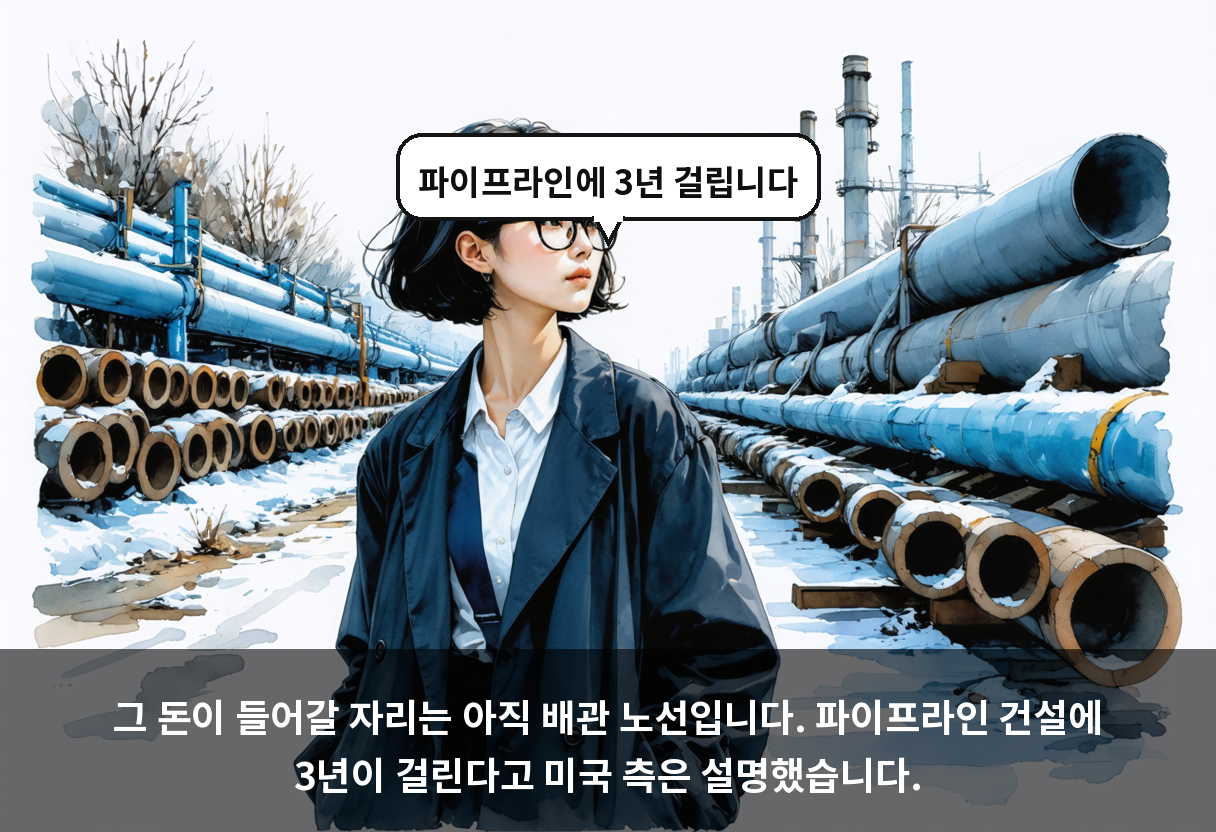 그 돈이 들어갈 자리는 아직 배관 노선입니다. 파이프라인 건설에 3년이 걸린다고 미국 측은 설명했습니다.