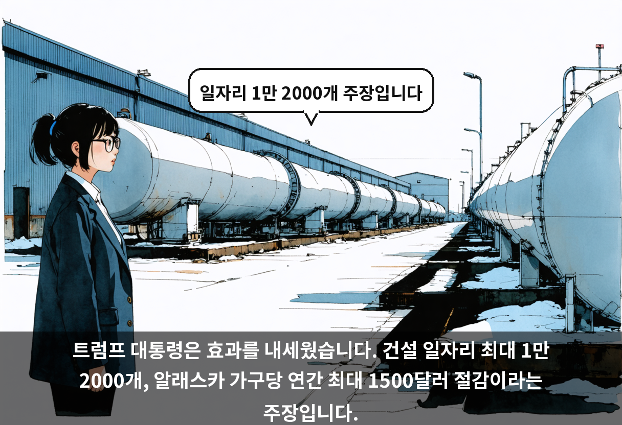 트럼프 대통령은 효과를 내세웠습니다. 건설 일자리 최대 1만 2000개, 알래스카 가구당 연간 최대 1500달러 절감이라는 주장입니다.