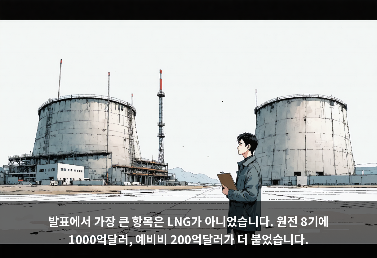 발표에서 가장 큰 항목은 LNG가 아니었습니다. 원전 8기에 1000억달러, 예비비 200억달러가 더 붙었습니다.