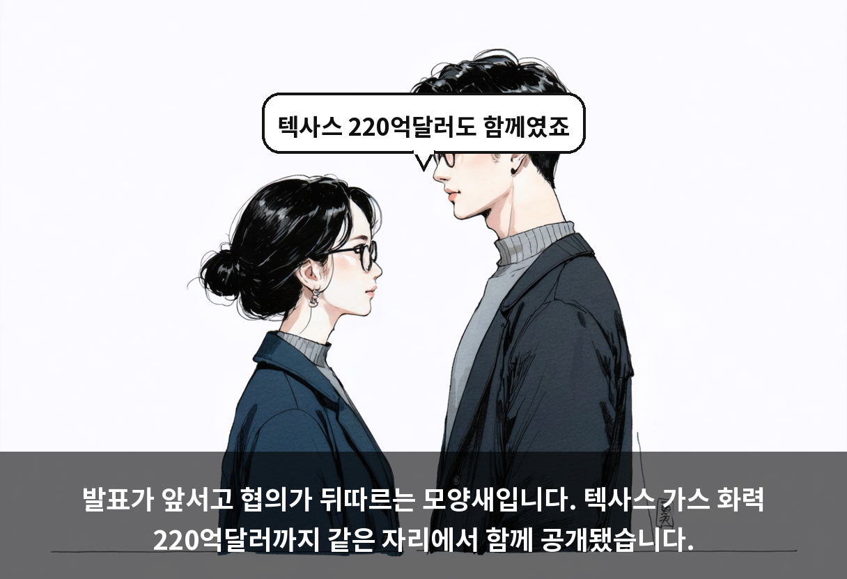 발표가 앞서고 협의가 뒤따르는 모양새입니다. 텍사스 가스 화력 220억달러까지 같은 자리에서 함께 공개됐습니다.