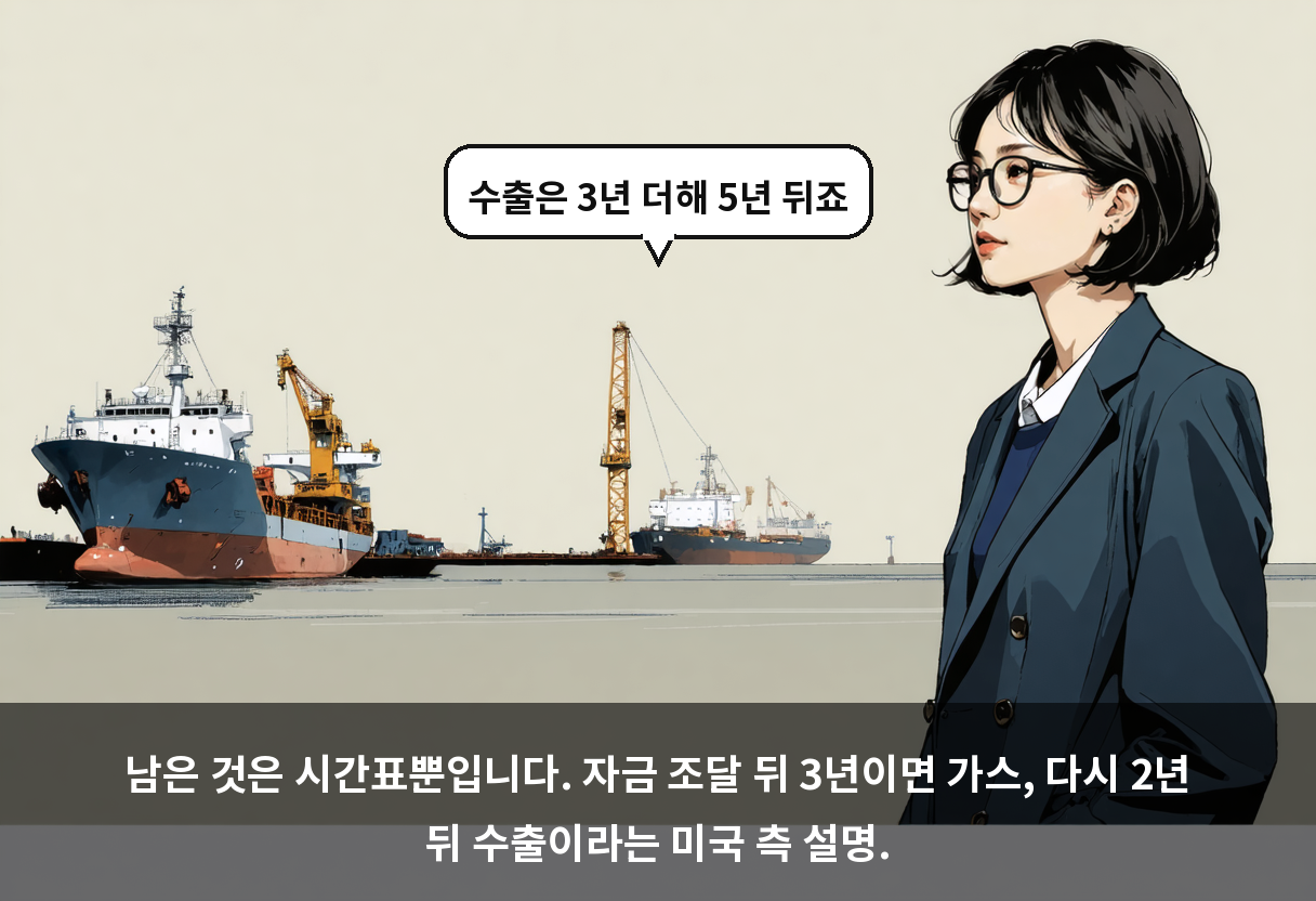 남은 것은 시간표뿐입니다. 자금 조달 뒤 3년이면 가스, 다시 2년 뒤 수출이라는 미국 측 설명.