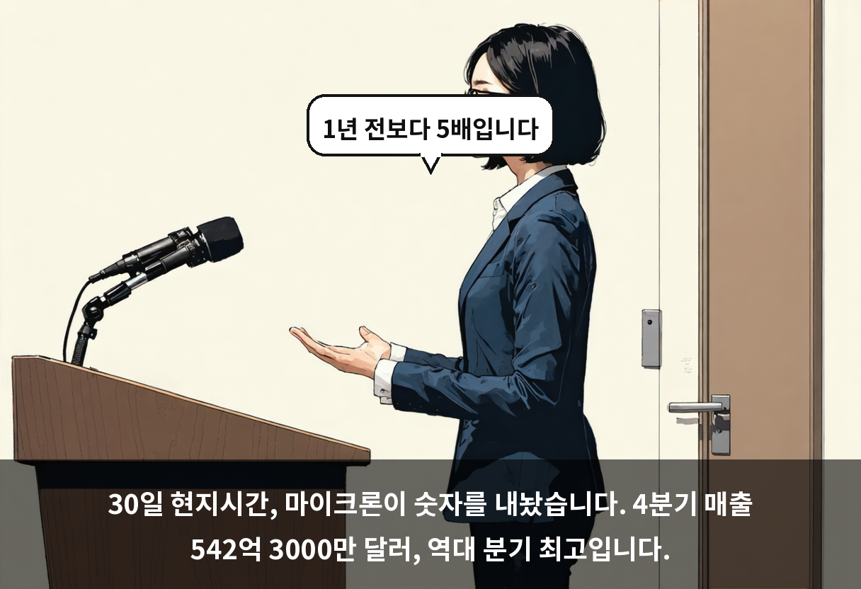 30일 현지시간, 마이크론이 숫자를 내놨습니다. 4분기 매출 542억 3000만 달러, 역대 분기 최고입니다.