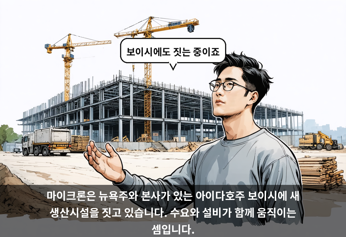 마이크론은 뉴욕주와 본사가 있는 아이다호주 보이시에 새 생산시설을 짓고 있습니다. 수요와 설비가 함께 움직이는 셈입니다.