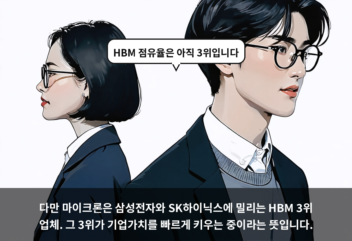 다만 마이크론은 삼성전자와 SK하이닉스에 밀리는 HBM 3위 업체. 그 3위가 기업가치를 빠르게 키우는 중이라는 뜻입니다.