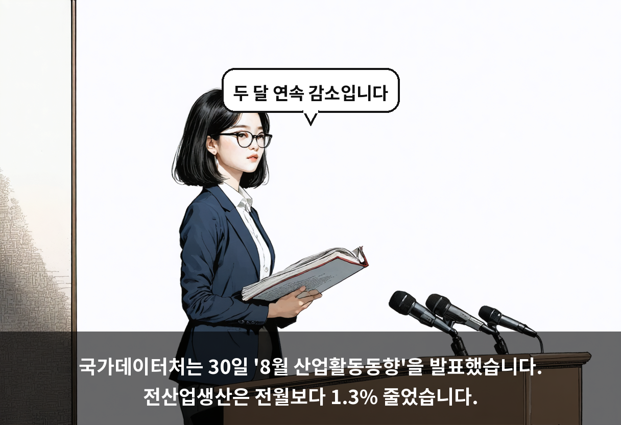 국가데이터처는 30일 '8월 산업활동동향'을 발표했습니다. 전산업생산은 전월보다 1.3% 줄었습니다.
