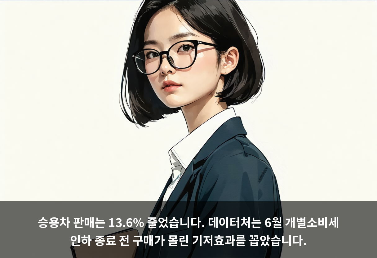 승용차 판매는 13.6% 줄었습니다. 데이터처는 6월 개별소비세 인하 종료 전 구매가 몰린 기저효과를 꼽았습니다.