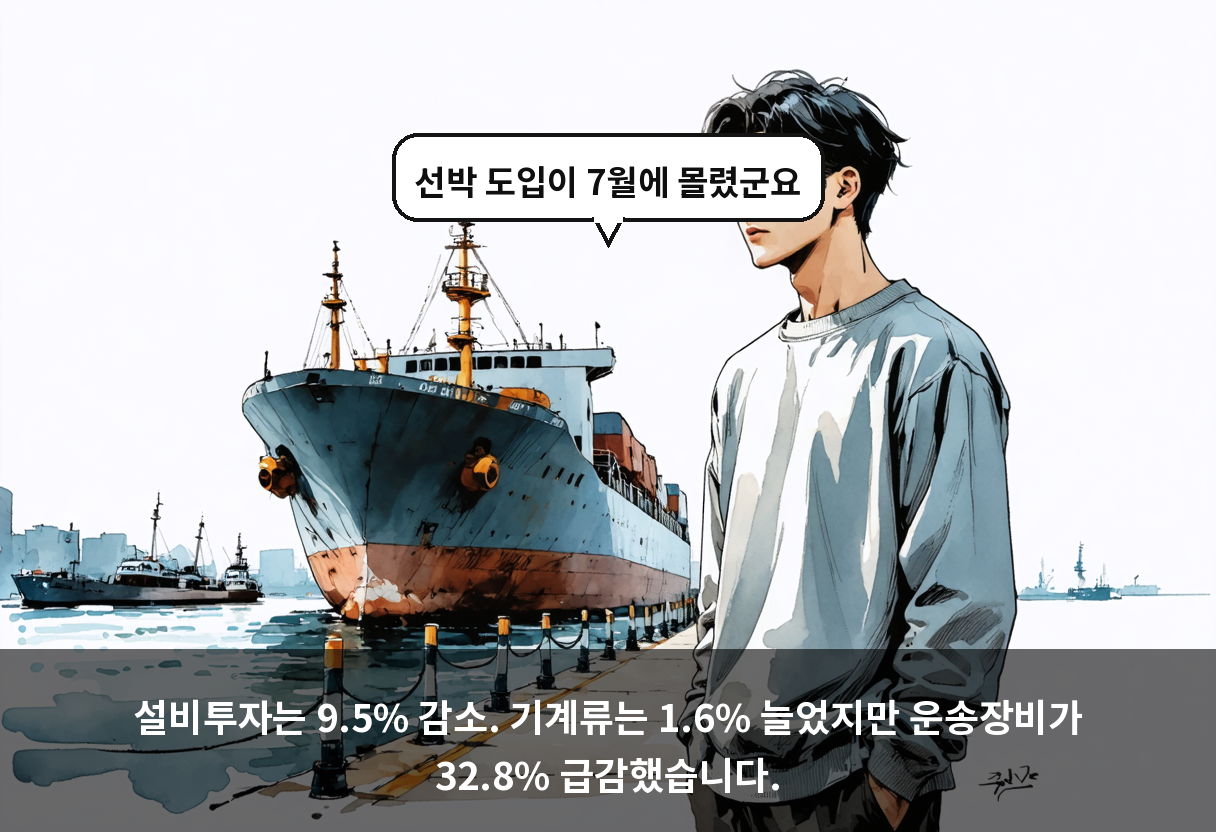 설비투자는 9.5% 감소. 기계류는 1.6% 늘었지만 운송장비가 32.8% 급감했습니다.