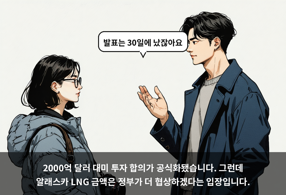 2000억 달러 대미 투자 합의가 공식화됐습니다. 그런데 알래스카 LNG 금액은 정부가 더 협상하겠다는 입장입니다.
