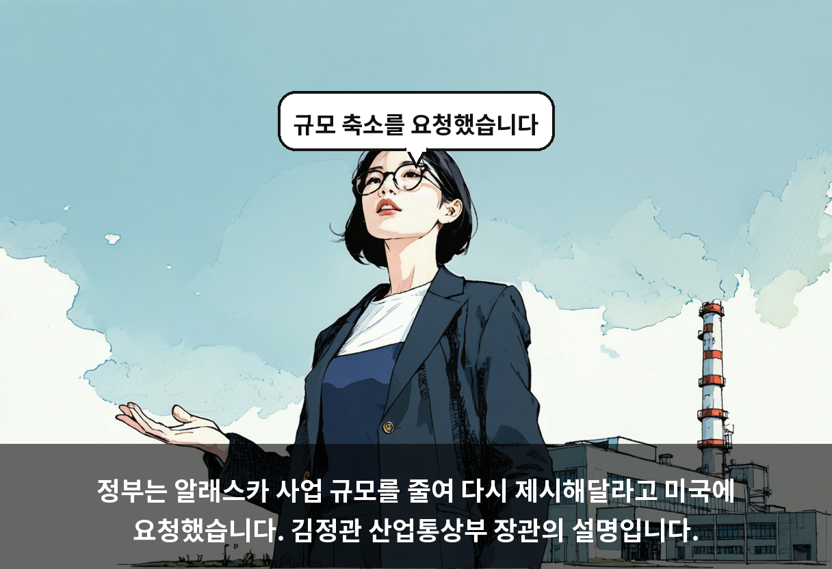 정부는 알래스카 사업 규모를 줄여 다시 제시해달라고 미국에 요청했습니다. 김정관 산업통상부 장관의 설명입니다.