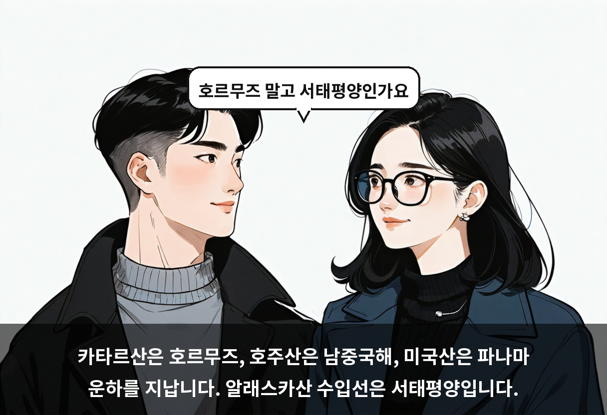 카타르산은 호르무즈, 호주산은 남중국해, 미국산은 파나마 운하를 지납니다. 알래스카산 수입선은 서태평양입니다.