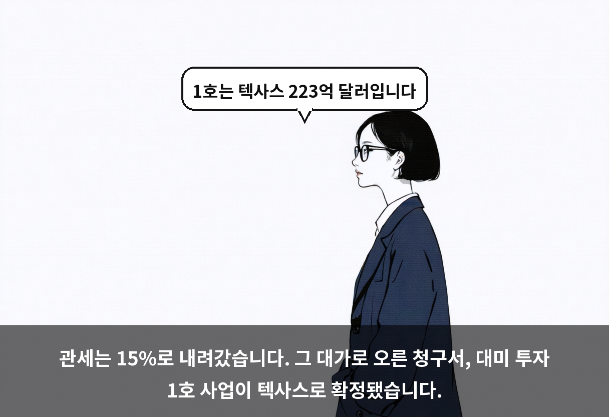 관세는 15%로 내려갔습니다. 그 대가로 오른 청구서, 대미 투자 1호 사업이 텍사스로 확정됐습니다.