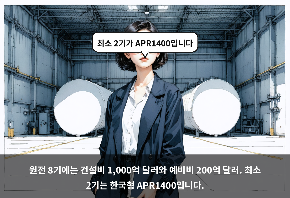 원전 8기에는 건설비 1,000억 달러와 예비비 200억 달러. 최소 2기는 한국형 APR1400입니다.