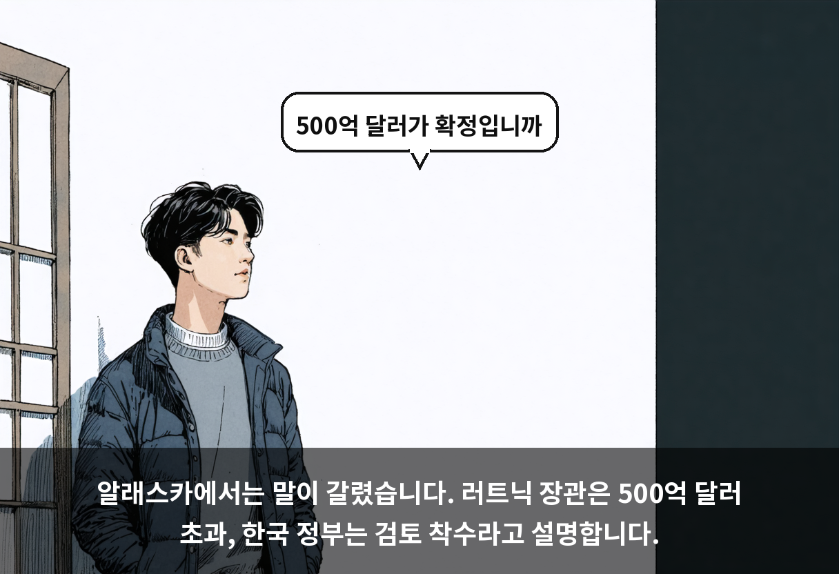알래스카에서는 말이 갈렸습니다. 러트닉 장관은 500억 달러 초과, 한국 정부는 검토 착수라고 설명합니다.