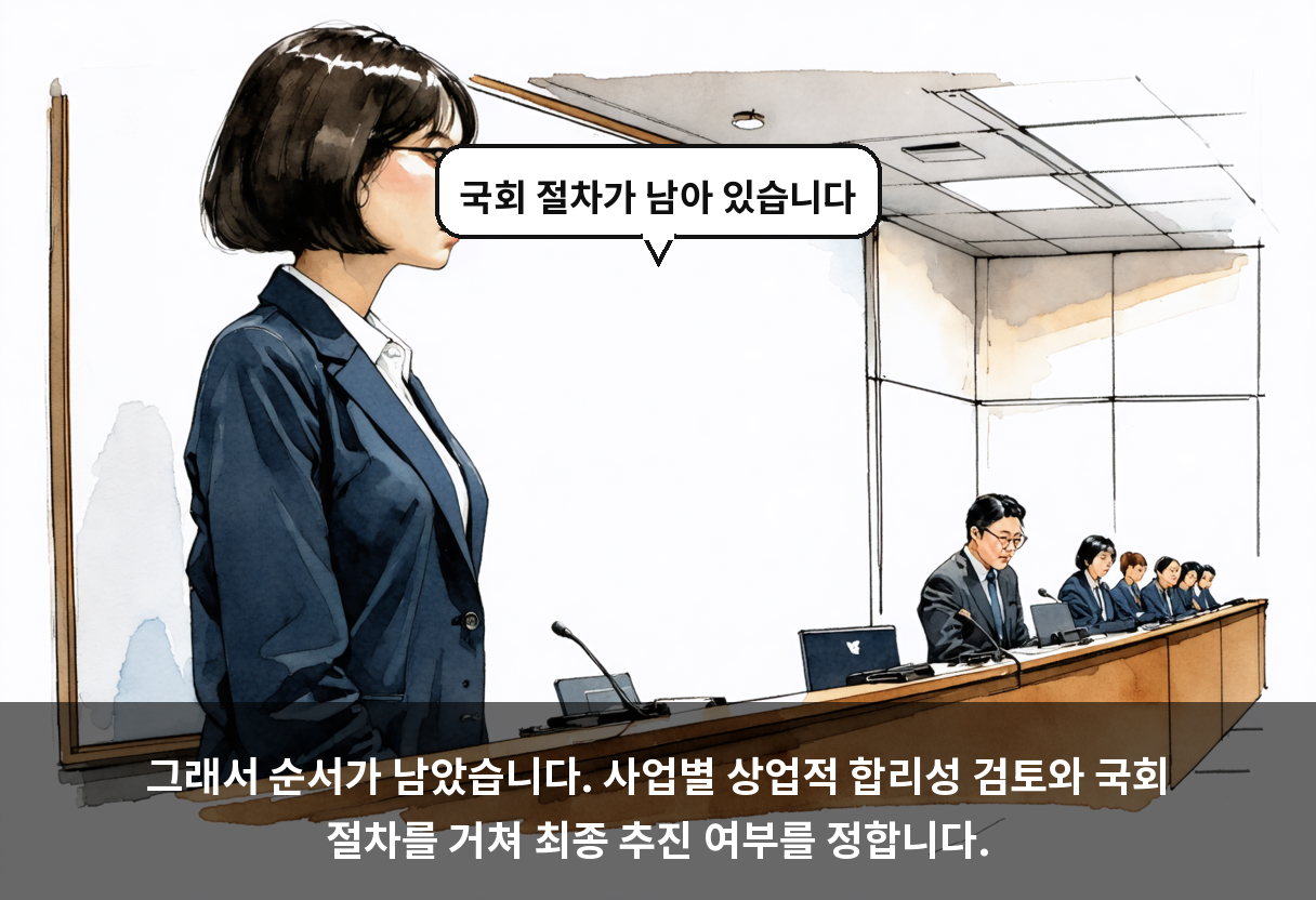 그래서 순서가 남았습니다. 사업별 상업적 합리성 검토와 국회 절차를 거쳐 최종 추진 여부를 정합니다.