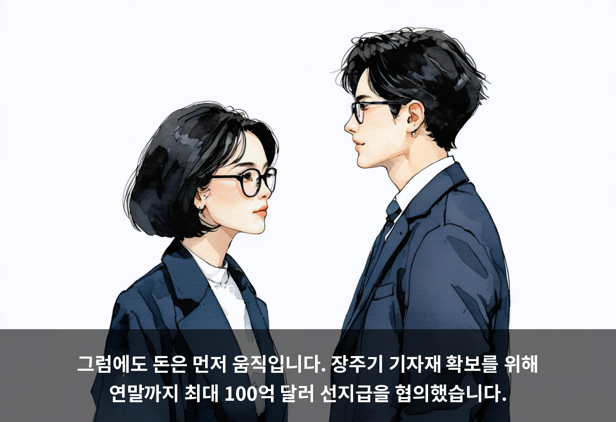 그럼에도 돈은 먼저 움직입니다. 장주기 기자재 확보를 위해 연말까지 최대 100억 달러 선지급을 협의했습니다.