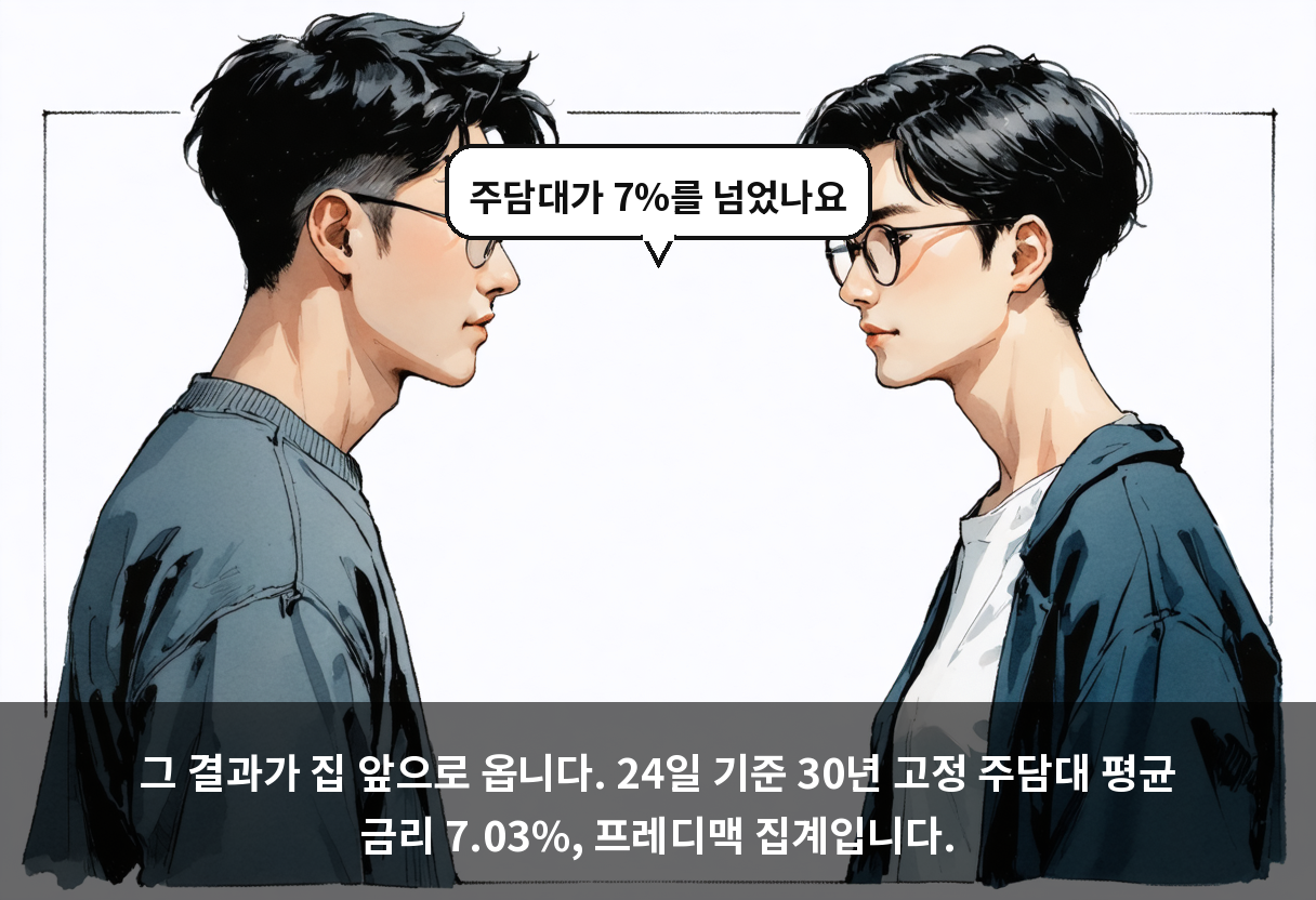 그 결과가 집 앞으로 옵니다. 24일 기준 30년 고정 주담대 평균 금리 7.03%, 프레디맥 집계입니다.