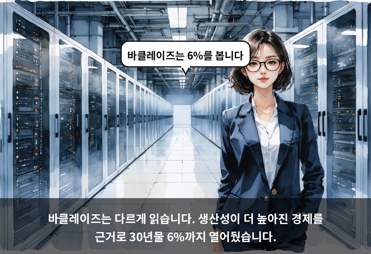바클레이즈는 다르게 읽습니다. 생산성이 더 높아진 경제를 근거로 30년물 6%까지 열어뒀습니다.