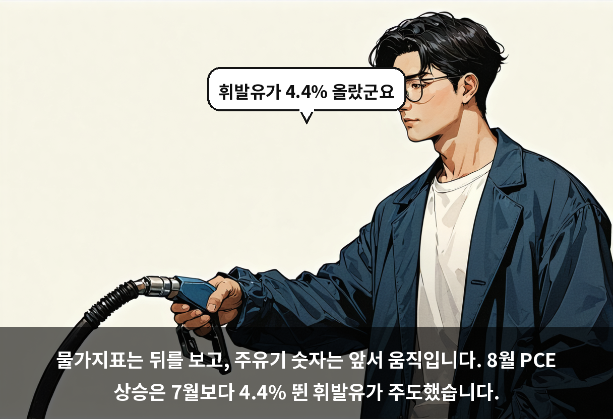 물가지표는 뒤를 보고, 주유기 숫자는 앞서 움직입니다. 8월 PCE 상승은 7월보다 4.4% 뛴 휘발유가 주도했습니다.
