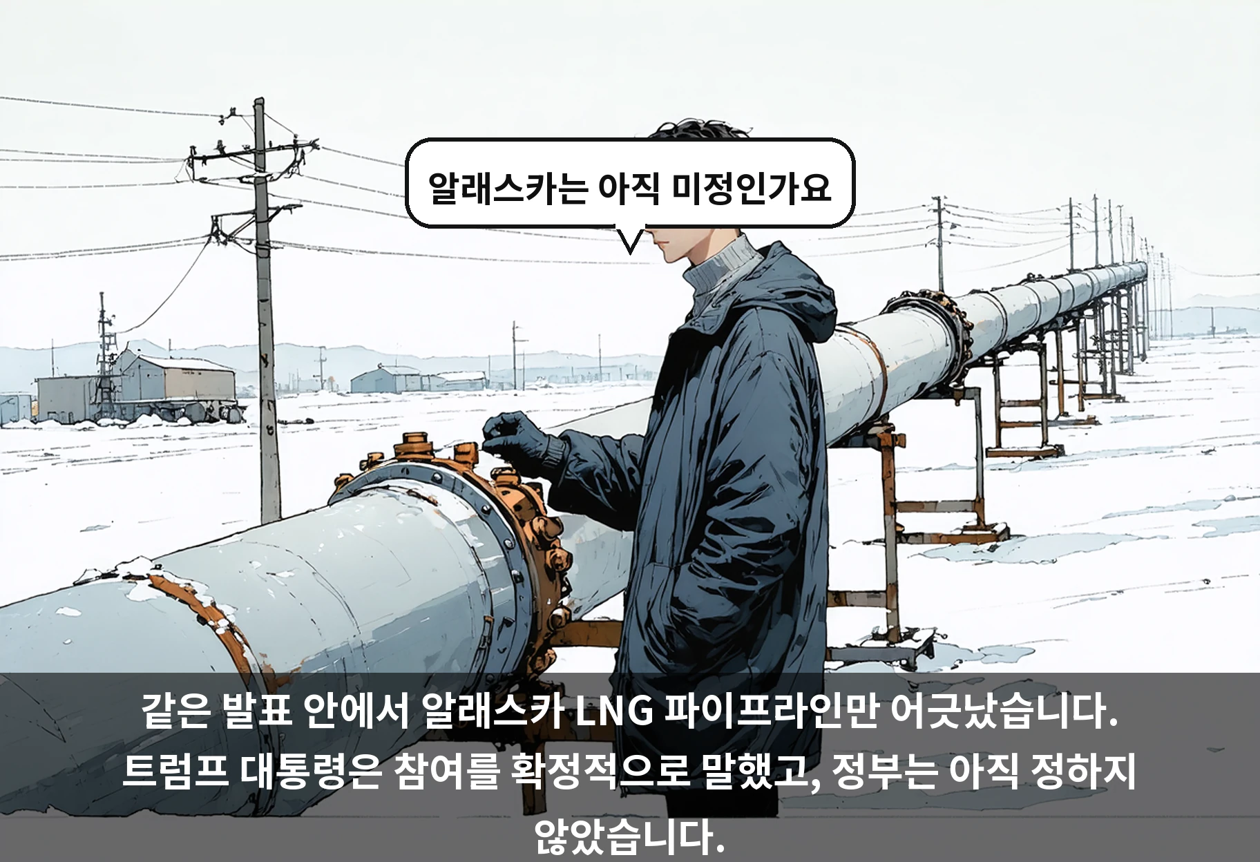 같은 발표 안에서 알래스카 LNG 파이프라인만 어긋났습니다. 트럼프 대통령은 참여를 확정적으로 말했고, 정부는 아직 정하지 않았습니다.