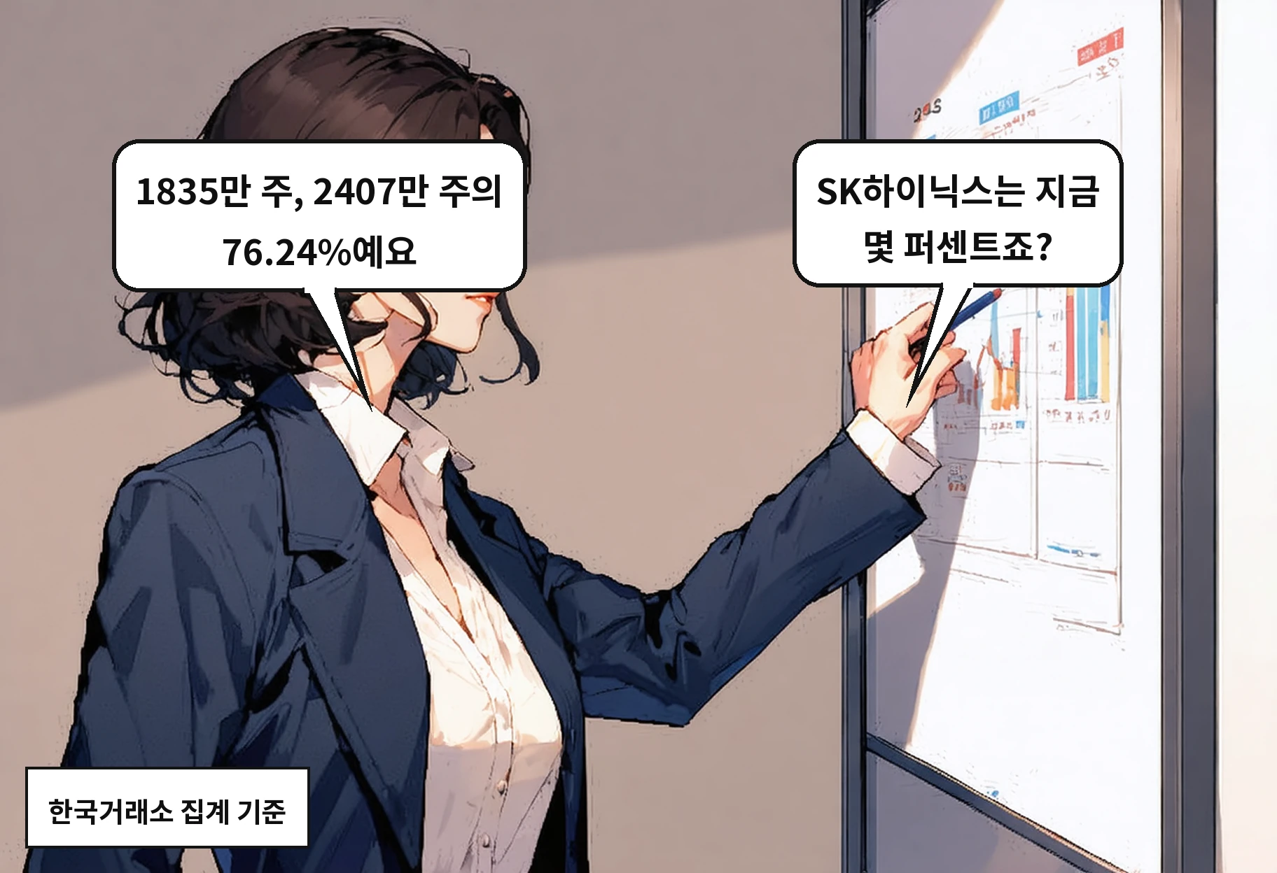 B: SK하이닉스는 지금 몇 퍼센트죠? A: 1835만 주, 2407만 주의 76.24%예요
