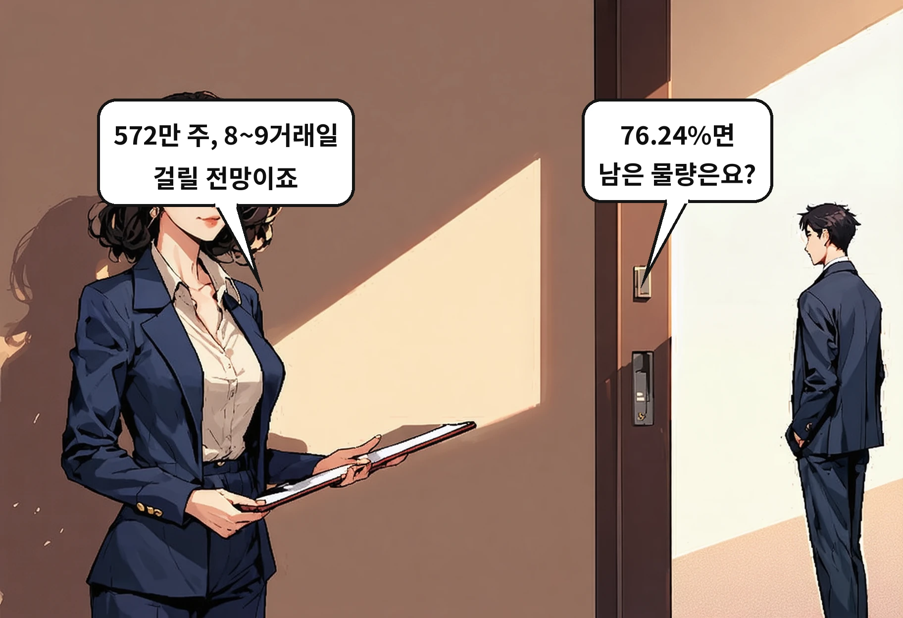 B: 76.24%면 남은 물량은요? A: 572만 주, 8~9거래일 걸릴 전망이죠